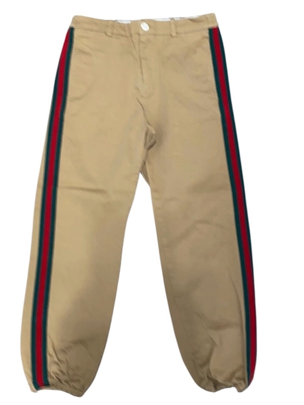 Gucci Tan Khaki Pants Green & Red Gucci Stripe & Gucci Patch Sz 12
